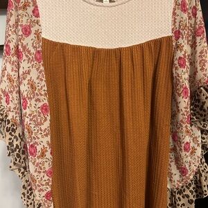 Boho Floral Sleeve Knit Panel Dress - Cream & Mustard